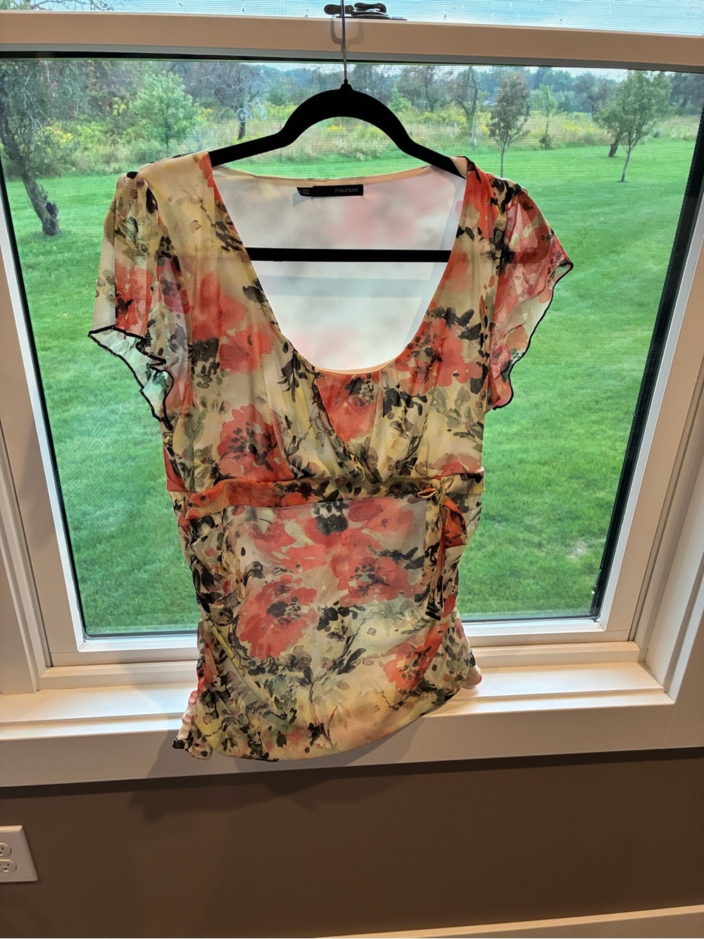 Express Sheer Floral Scoop-Neck Blouse in Coral and Cream